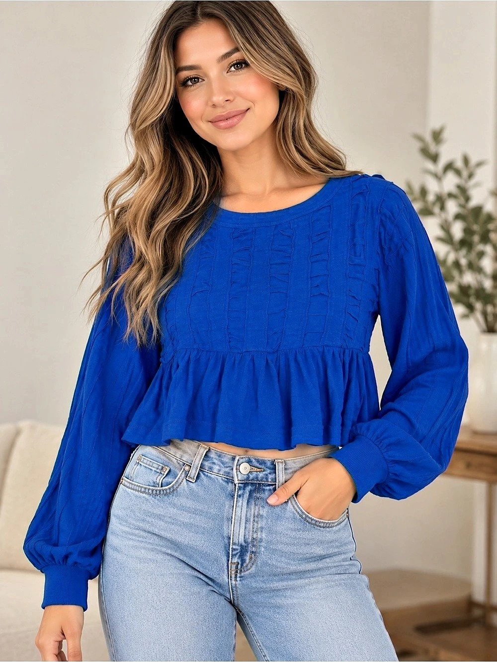 Pilcro Cropped Long-Sleeve Top Blue Long Sleeve Peplum Top Size Small NWT